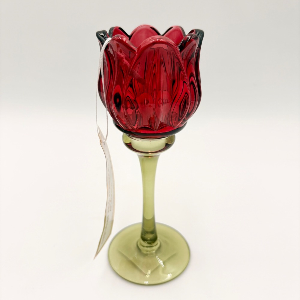 Cupcakes and Cashmere Red Tulip Glass Tea Light Candle Holder Green Stem